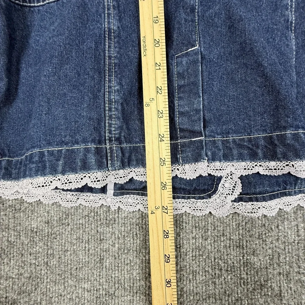 Denim & Co. Blazer Jacket Womens Medium Blue Denim Lace Trim Button Front Boho - Picture 13 of 15